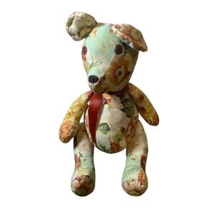 Vintage Handmade Teddy Bear with Button Eyes and Floral Design USED